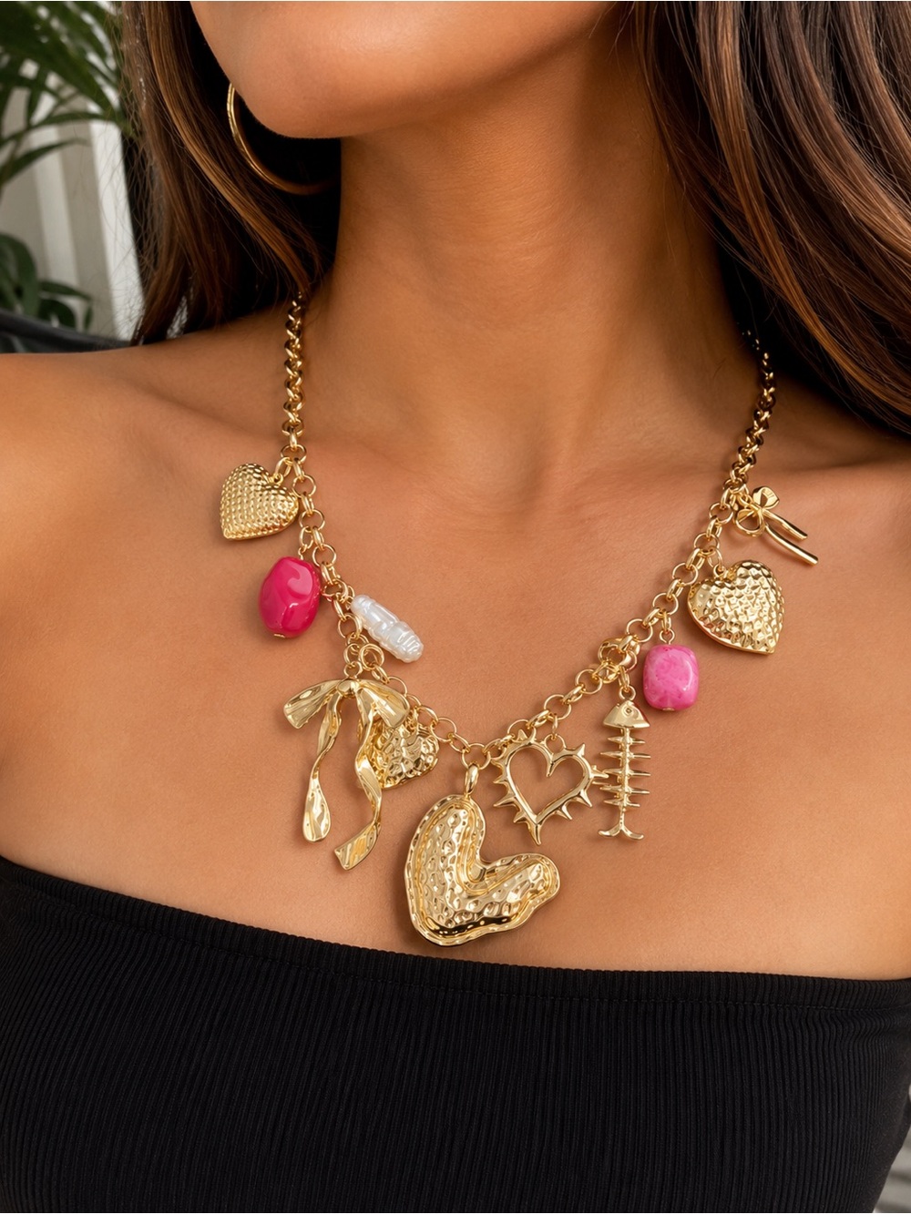 Source Unknown Gold Charm Necklace with Hot Pink and Pearl Accents